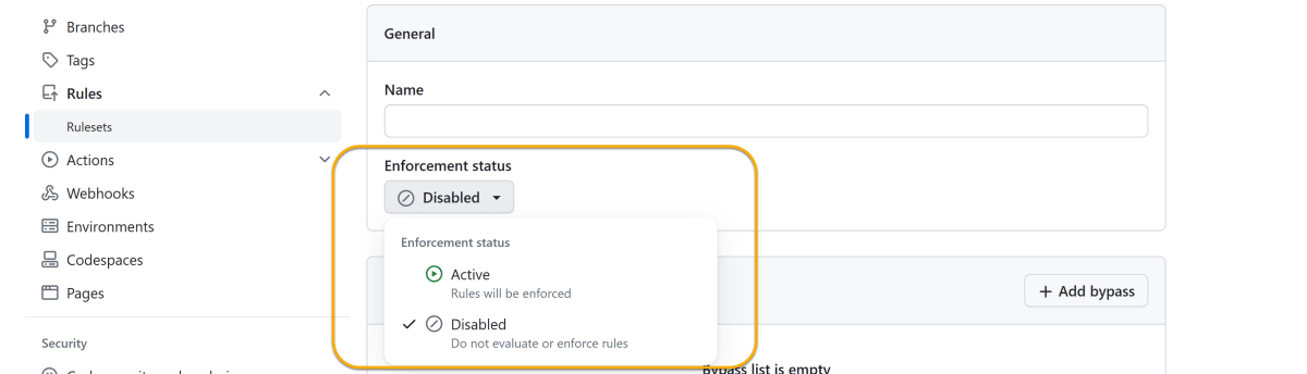 個人アカウント配下のリポジトリのEnforcement status