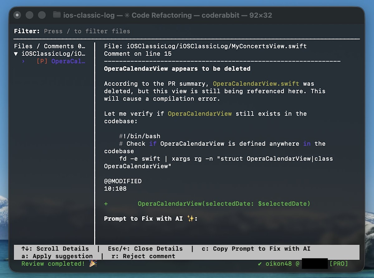 CodeRabbit CLI review results with code comments and suggestions