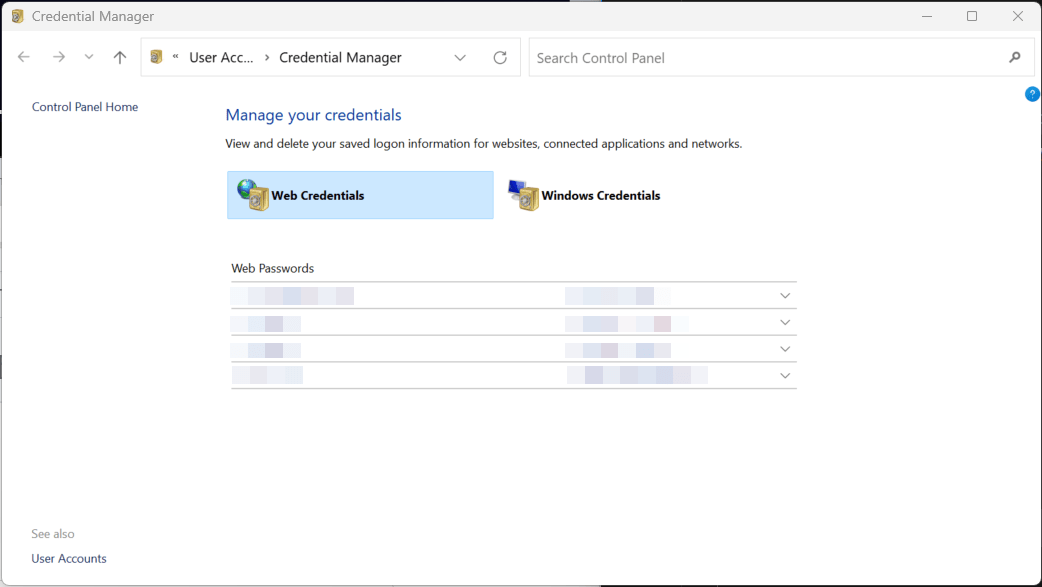 Windows Credential Managerを開くと、「Web credentials」が表示されている