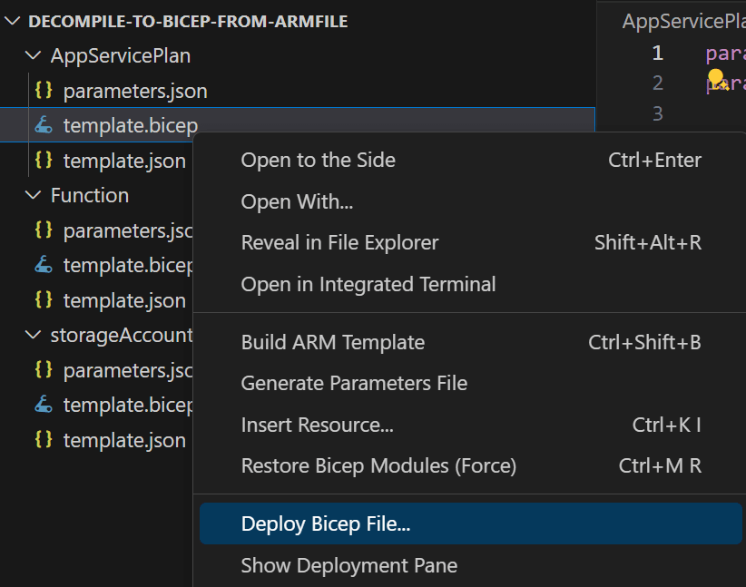 right-click bicepfile AppServicePlan