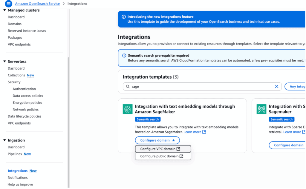 OpenSearch Service コンソールのスクリーンショット