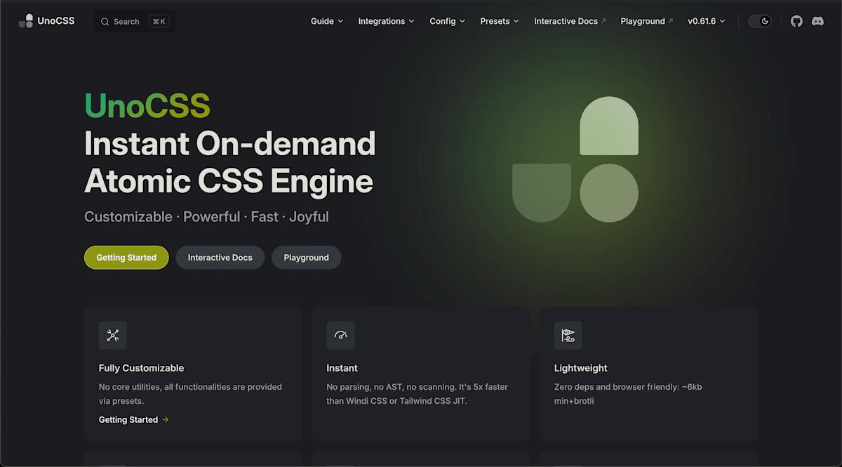 UnoCSS 公式ドキュメントトップページ のスクショ