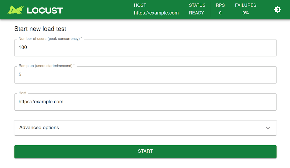 Locust のブラウザインターフェース: 設定画面