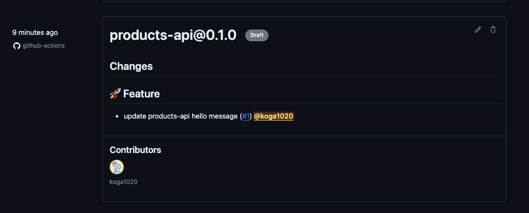 GitHub リリース画面キャプチャ。Release Drafterによってproducts-apiの次期リリースのリリースノートのdraftが作成されている