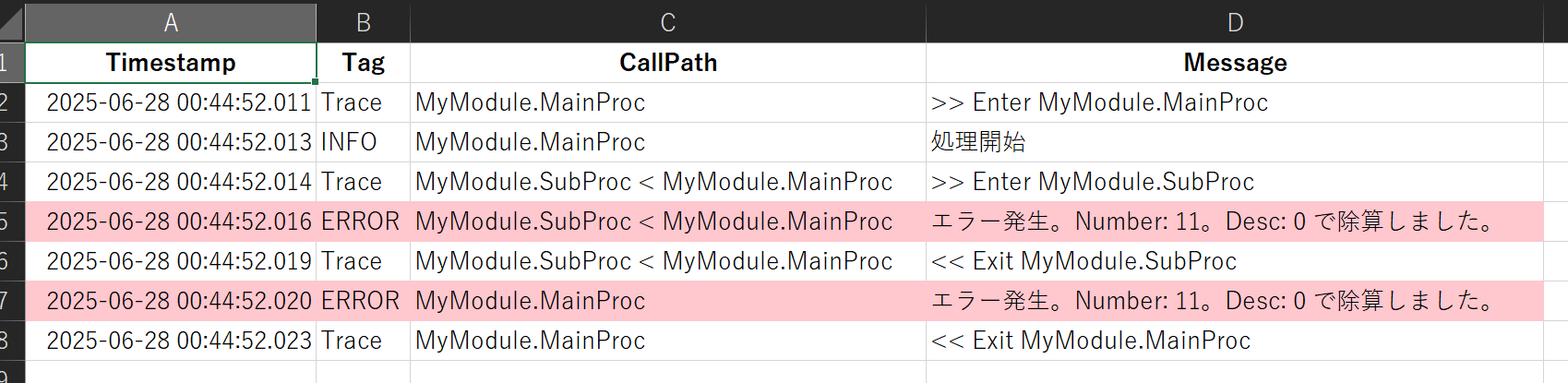 エクセル出力したエラーログ