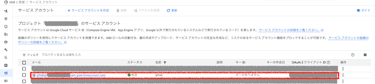 サービスアカウントの作成後の画面