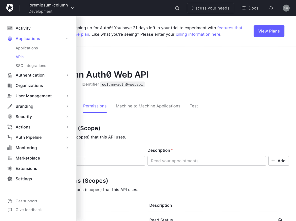 Auth0のダッシュボードで primary navigation の Applications グループを展開している様子です。ApplicationsグループにはApplicationsリンクが含まれており、ApplicationsリンクをクリックしてApplicationsのページに移動することができます