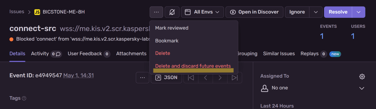 Sentry の Issue 画面。アクションエリアに「…」というボタンがあり、押下すると Delete and discard future events を選択できる