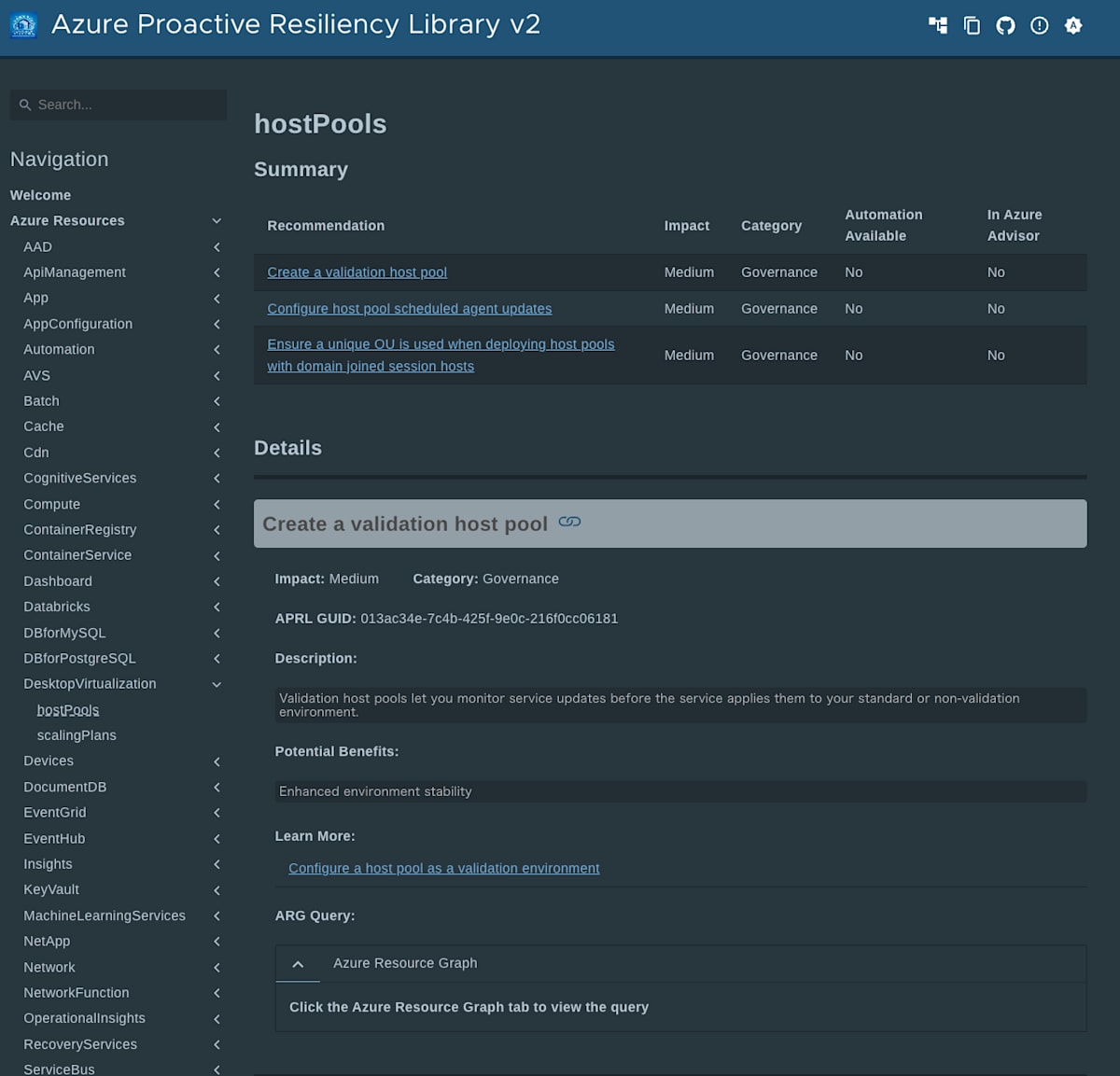 hostPools Azure Resourcesコンテンツページ