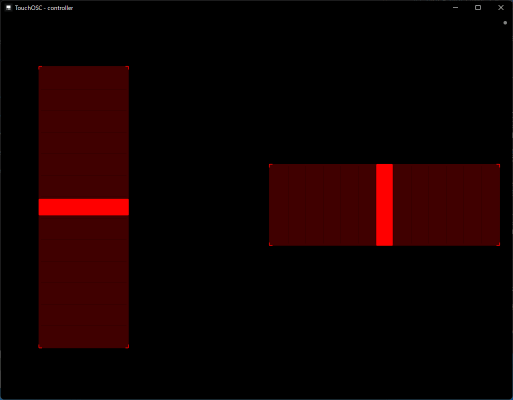 TouchOSCで作られたコントローラの画面。左側に前後進用の縦方向スライダー、右側に旋回用の横方向スライダーがある。