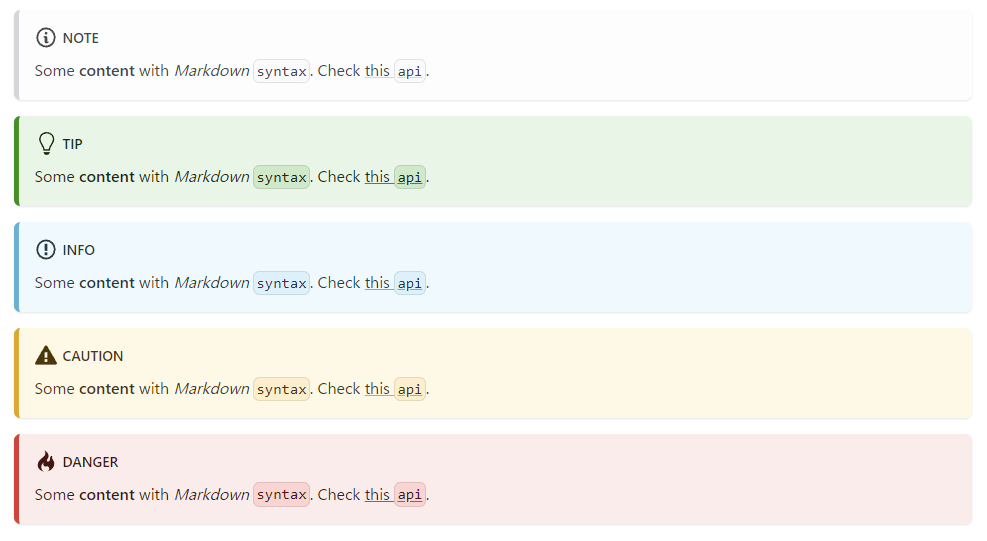 Admonitions のラベルは"NOTE", "TIP", "INFO", CAUTION", "DANGER" と英語のままになっています
