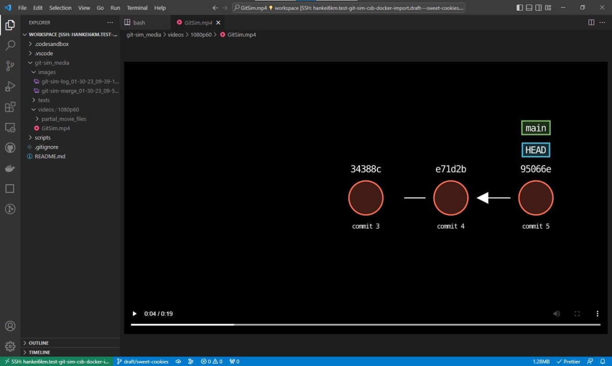 動画ファイルを VSCode で開き、再生用の UI が表示されているスクリーンショット