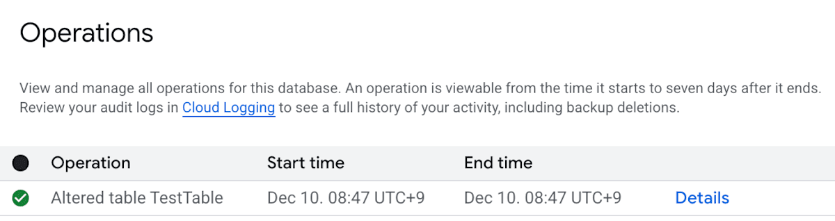 Spanner Studio 上での Operations ページのスクリーンショット