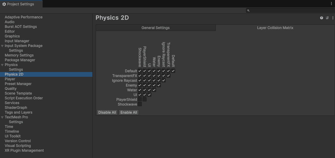 Layer Collision Matrix設定画面