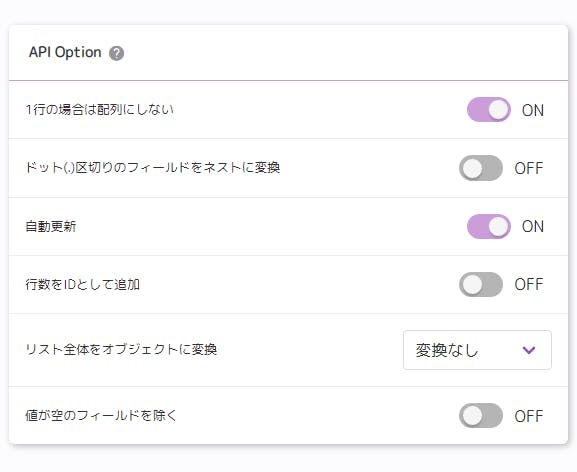 API Option を表示しているスクリーンショット