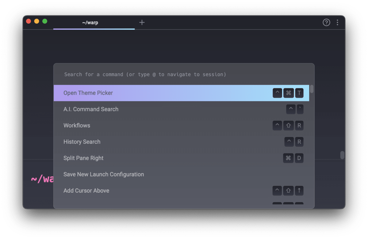 Warpのコマンドパレットの画面