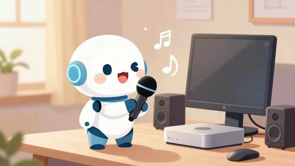 ミミがMac miniの前でマイクを持って歌ってるイメージ