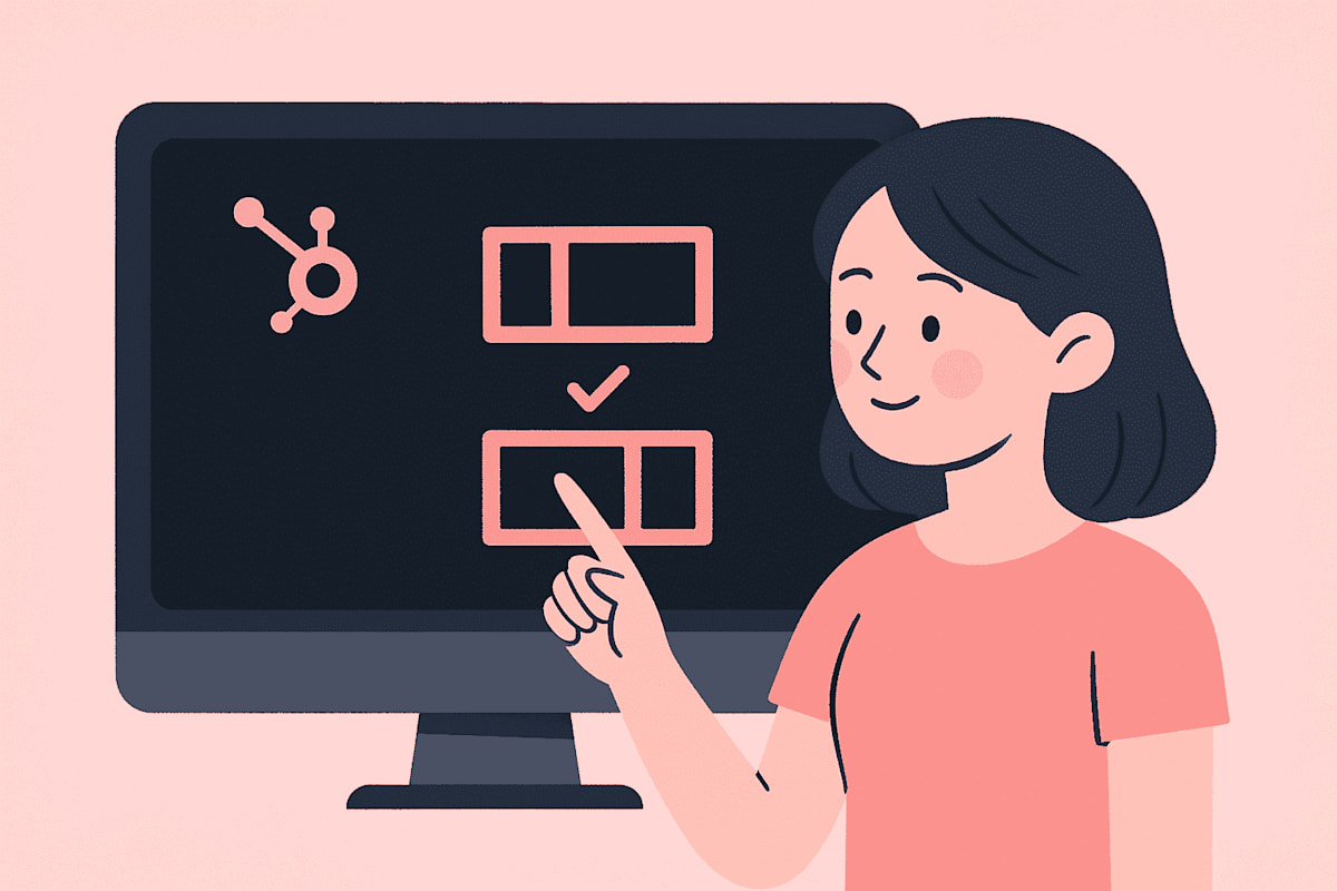 HubSpotのUIでレイアウト切り替えを設定している女性のイラスト