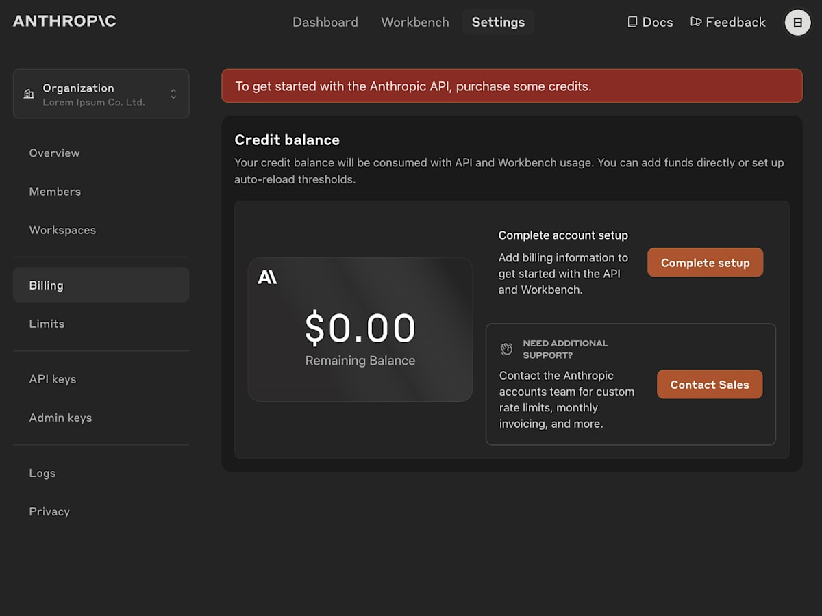Anthropic Console の Billing ページ