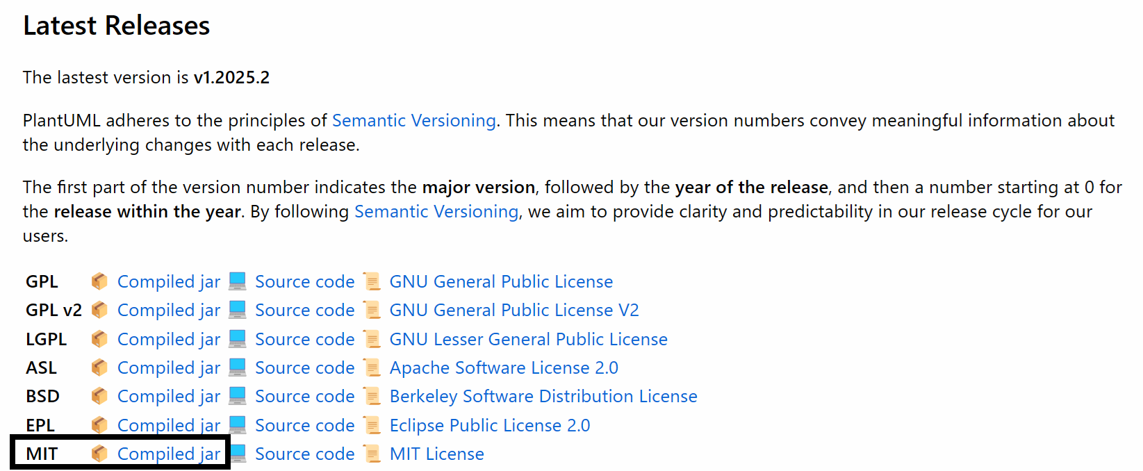 plantuml.jarのダウンロード画面