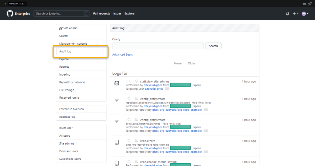 GitHub Enterprise Server (GHES): Enterprise レベルでの Audit log