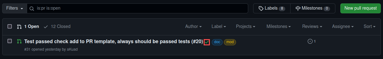 Actions result at PR