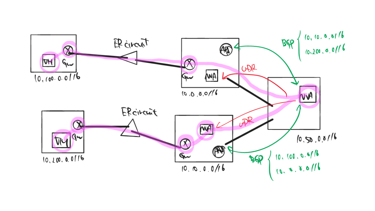 establish two VNets connected via ExpressRoute and multi-hub and spoke architecture