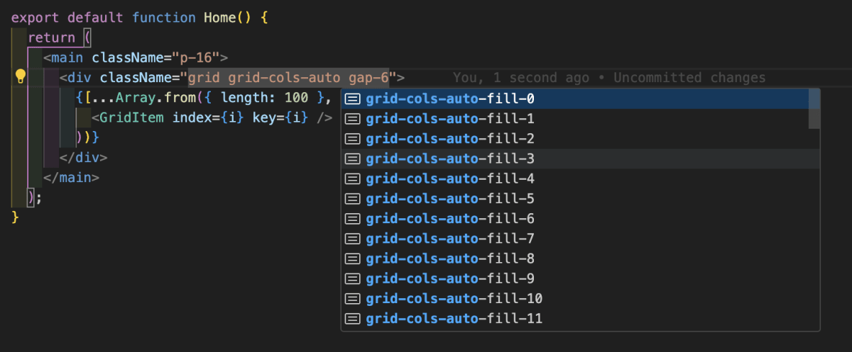 Visual Studio Code で自作のユーティリティクラス grid-cols-auto-fill-n が Intellisense で一覧されている様子