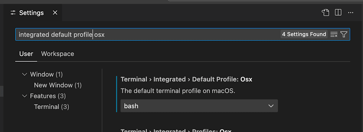 Terminal > Integrated > Default Profile > Osx