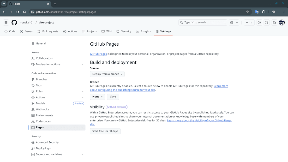 設定画面：GitHub Pages