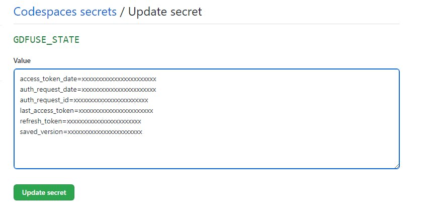 Codespaces 用の SECRET に state ファイルの内容を貼り付けているスクリーンショット