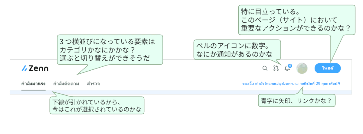 タイ語に翻訳されたZennのトップページのヘッダー部分のスクリーンショット。