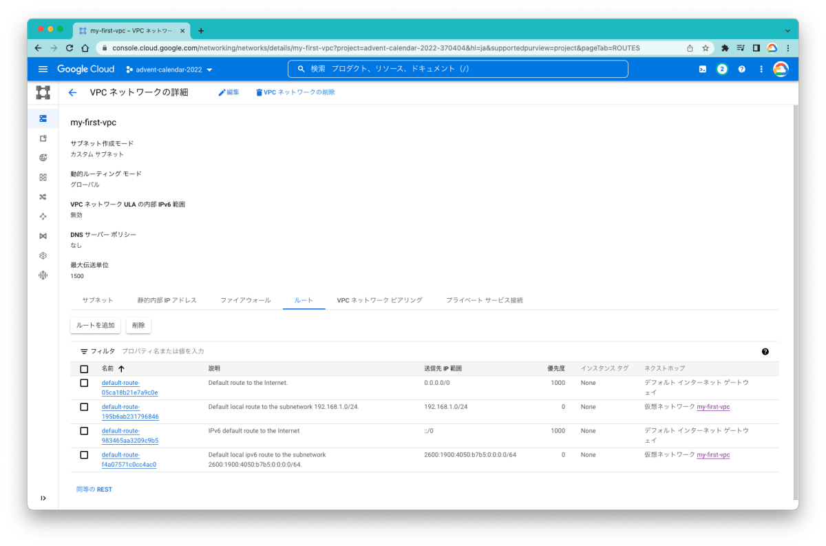 デフォルトで設定されるVPCのルート