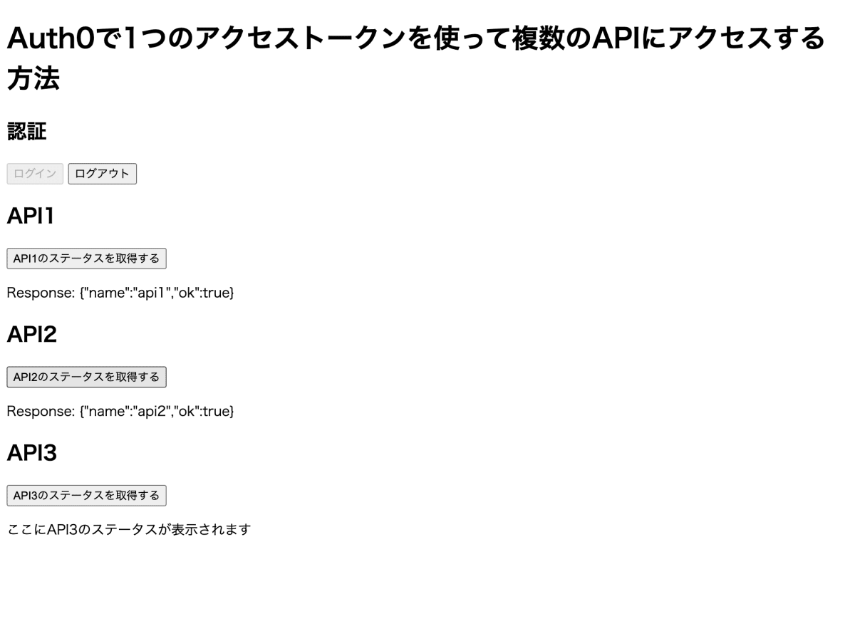 「API2のステータスを取得する」ボタンをクリックした直後の様子です。レスポンスの表示部の内容がResponse: {"name": "api2", "ok": true}になっています。