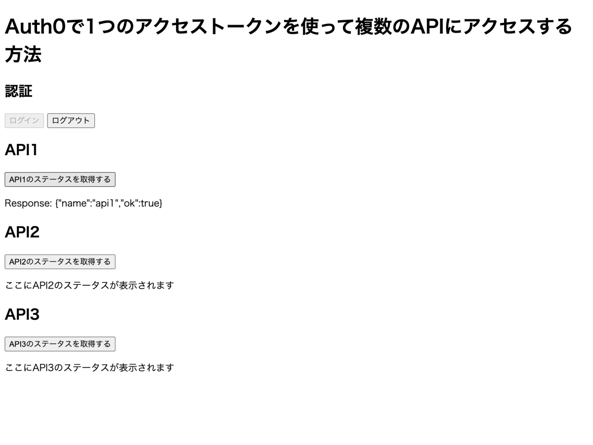 「API1のステータスを取得する」ボタンをクリックした直後の様子です。レスポンスの表示部の内容がResponse: {"name": "api1", "ok": true}になっています。