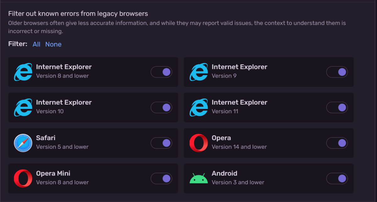 Sentry の Inbound Filters 画面。"Filter out known errors from legacy browsers" の設定がある