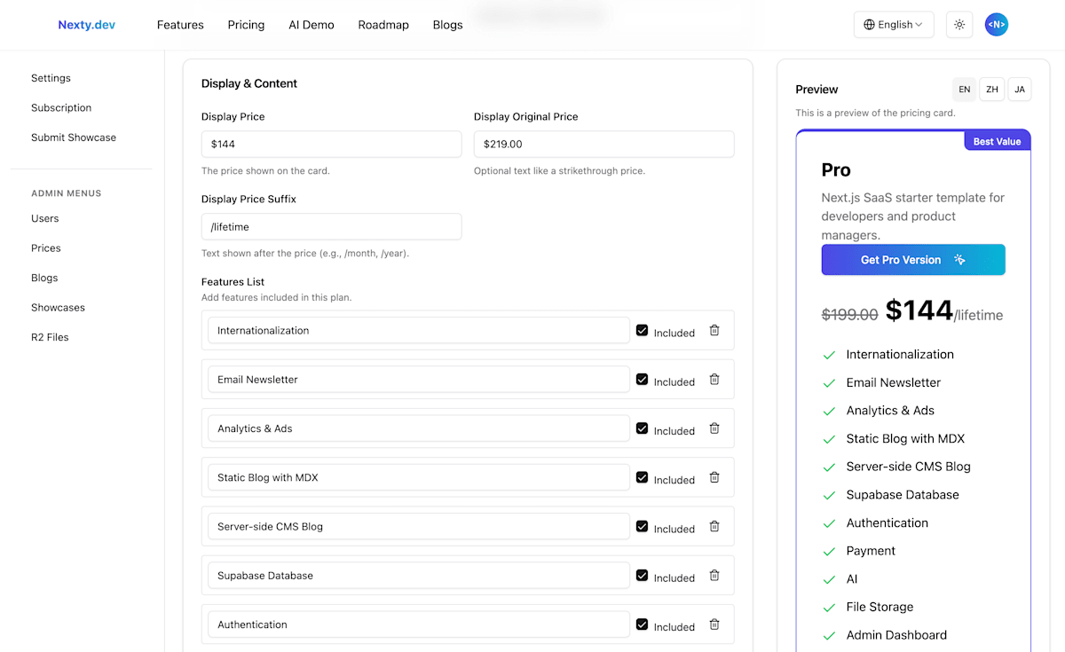 nexty.dev prices form