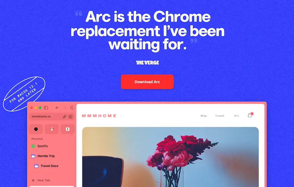 Arcのホームページ画面。大きく "Arc is the Chrome replacement I’ve been waiting fo" と書かれている。