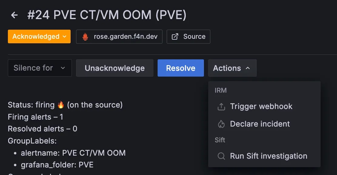 前述した操作をした、先ほどの画面。"Actions" ボタンの下に、"Trigger webhook", "Declare incident", "Run Sift Investigation" の項目がある