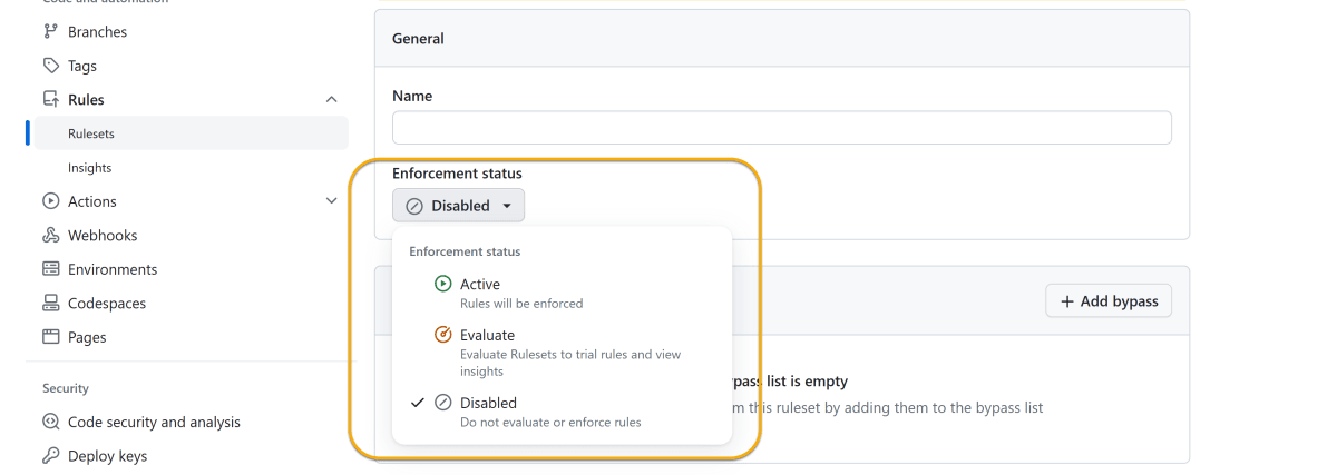 Organization配下のリポジトリのEnforcement status