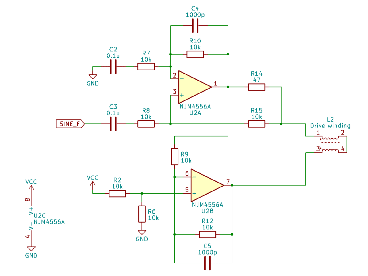 駆動回路。Improved Howland Current Pumpによって入力の正弦波に比例した電流をコイルに流す。ただしHowland回路の出力電圧を反転増幅回路で反転し、オーディオにおけるBTLアンプと同じ仕組みで出力電圧の振幅を広げている。オペアンプにはNJM4556Aを使用。