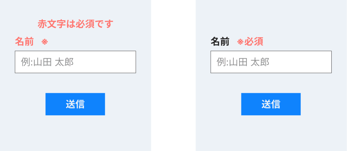 フォームの赤文字は必須ですと書かれた例から、赤文字で※必須に変更した例