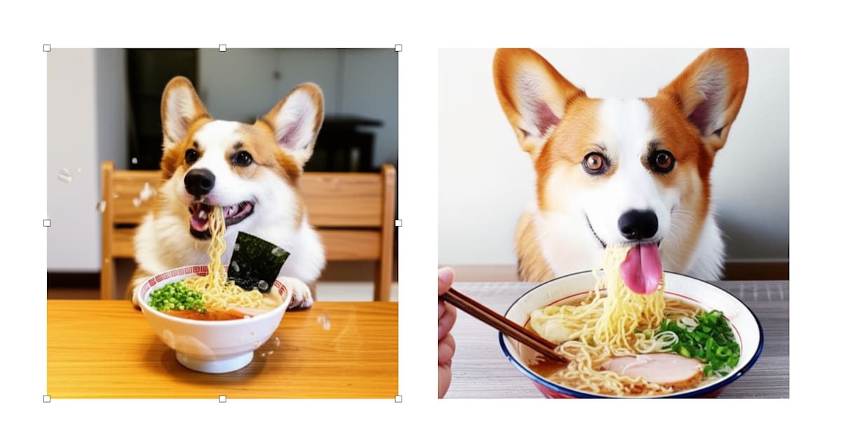 a photo of a corgi looking happy while eating ramen