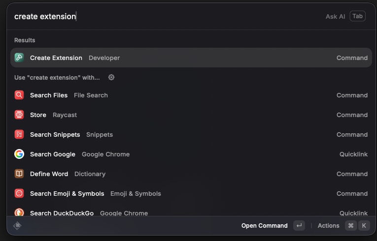 Create Extension の検索結果