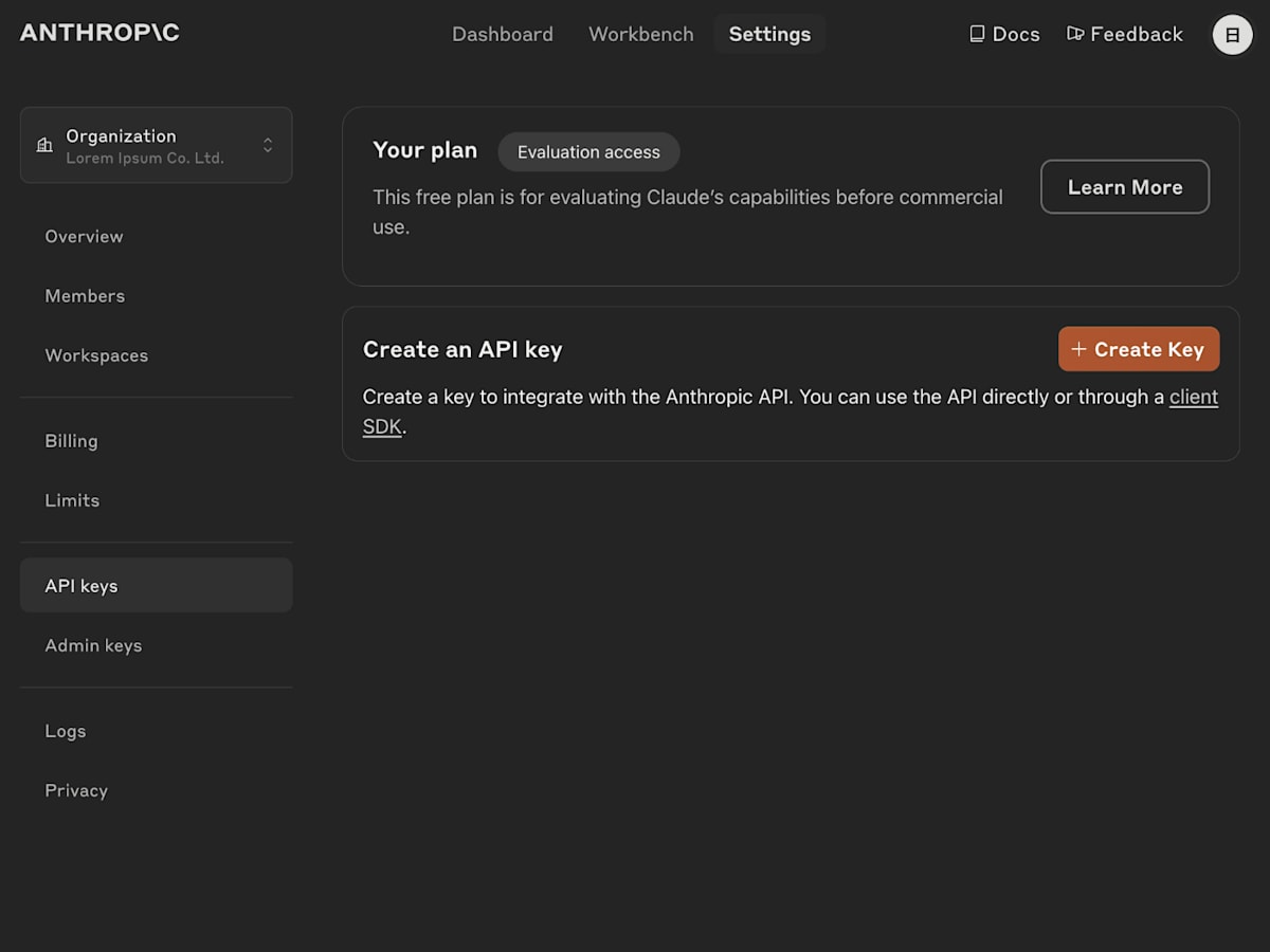 Anthropic Console の API Keys ページ