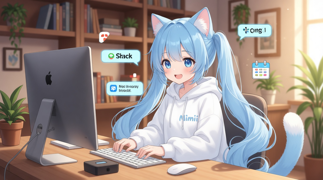 ミミがSlackでチャットしながらカレンダーやリマインダーを操作しているイメージ