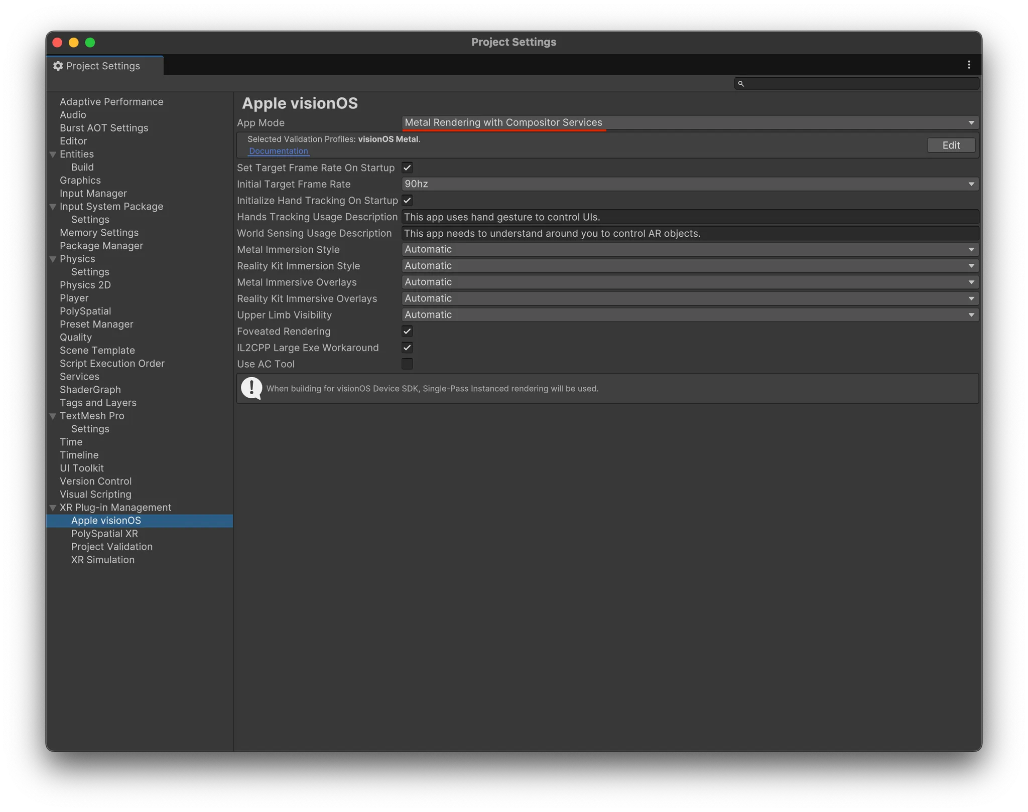 App ModeをMetal Rendering with Compositor Serviceに変更