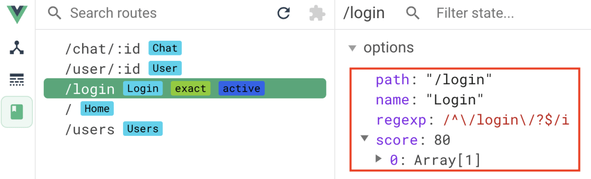 Vue Devtools内のvue-routerのスクリーンショット