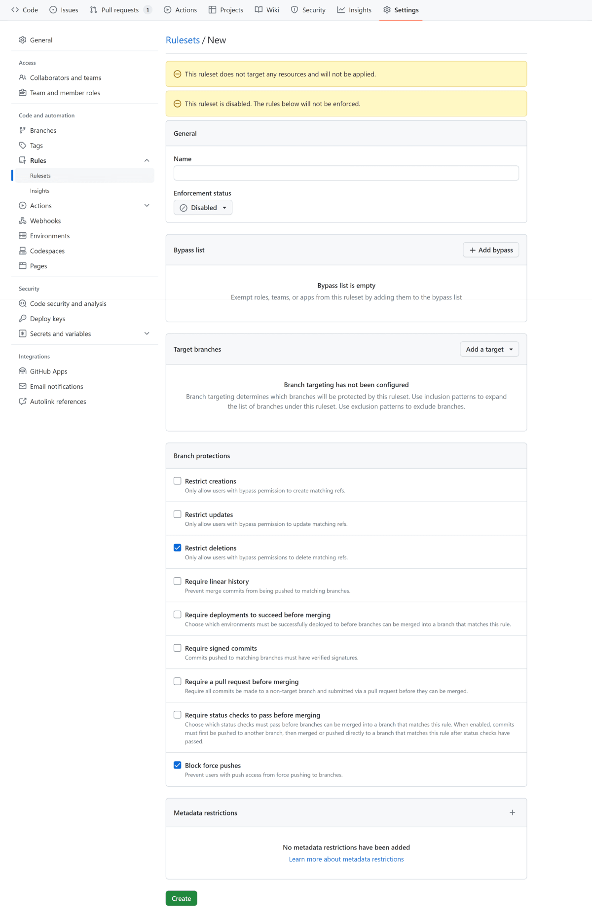 リポジトリにおけるRulesetsの新規作成画面