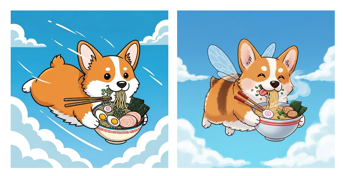 ラーメンを食べて飛んでいるコーギーのかわいいイラスト